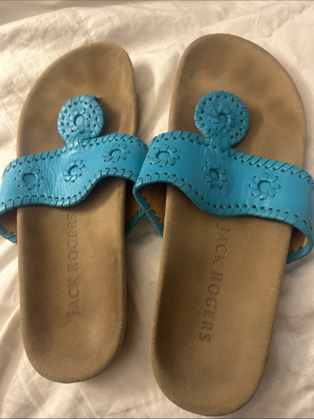 Jack Rogers Turquoise Leather Slide Sandals with Whipstitch Medallion